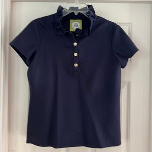 Elizabeth McKay Navy Blue Polo Shirt with Ruffle Collar Gold buttons Size XL